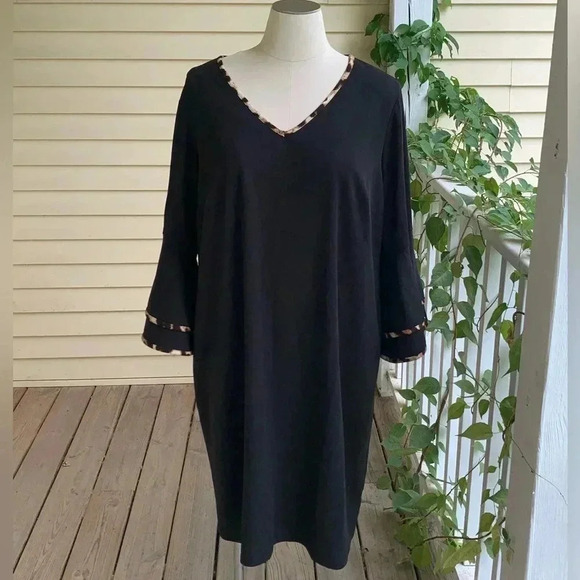 NWT Cato Dress Plus 24W Hello Sunshine Tiered Bell Sleeves Black Leopard Trim - Picture 1 of 9